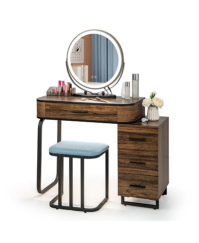 Vanity Table Set with 3-Color Lighted Mirror and Charging Station-Brown