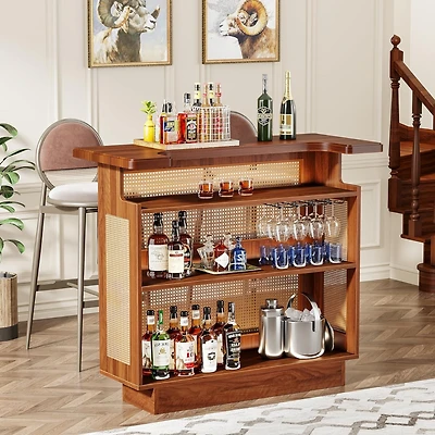 Tribesigns Rattan Home Bar Unit, Farmhouse 4-Tier Bar Table with 4 Stemware Racks and Heightened Base, Caramel Brown