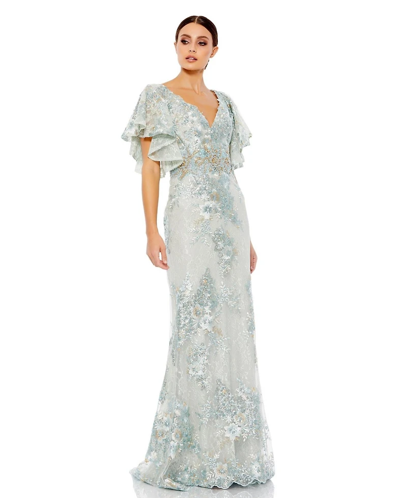 Women's Bell Sleeve Floral Embellished Gown