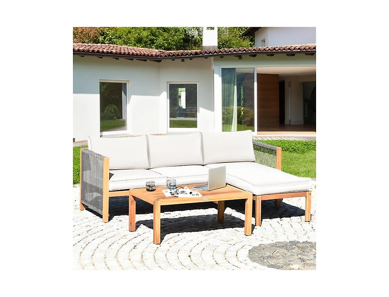3 Pieces Patio Acacia Wood Sofa Furniture Set with Nylon Rope Armrest