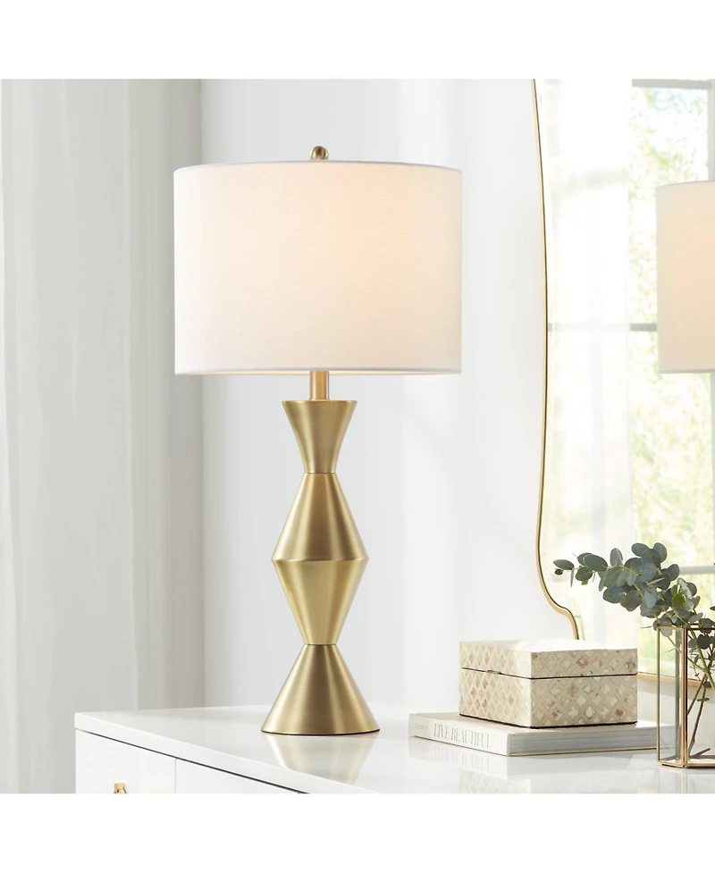 360 Lighting Elka Modern Mid Century Table Lamp 28" Tall Brass Geometric Metal White Drum Shade for Bedroom Living Room Bedside Nightstand Office