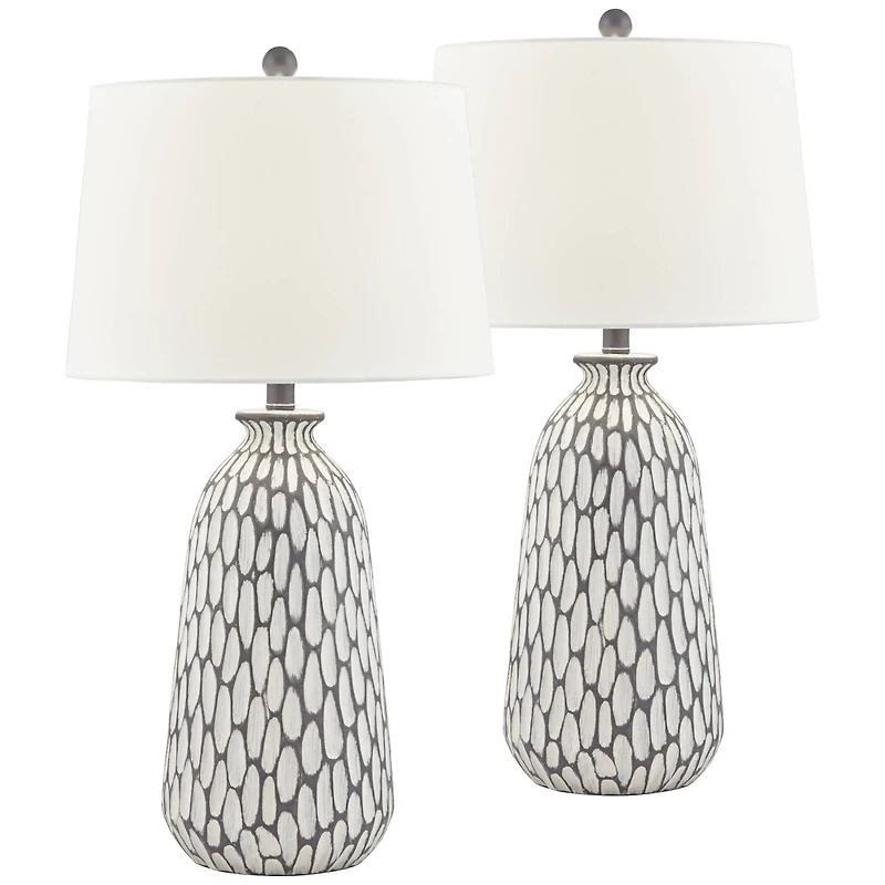 360 Lighting Carlton Modern Table Lamps 28 1/4" Tall Set of 2 Gray Wash Off White Fabric Drum Shade for Bedroom Living Room Bedside Nightstand Of