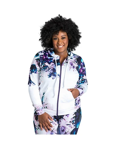 Women's Plus Size Curvy-Fit Zip-Up Floral Print Poly Tricot Hoodie