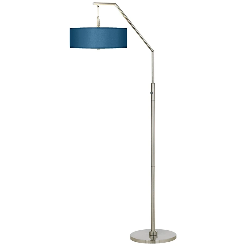 Modern Arc Floor Lamp Standing 71 1/2" Tall Brushed Nickel Silver Metal Blue Textured Faux Silk Fabric Shade Decor for Living Room Reading House Bedro