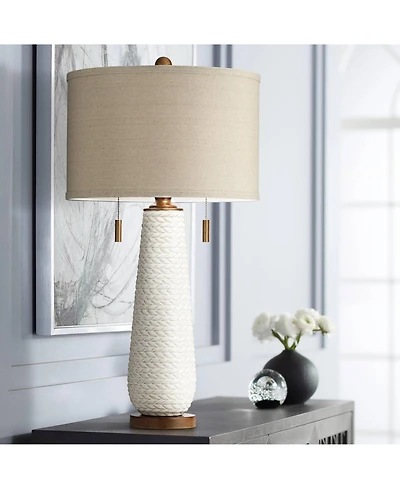 Possini Euro Design Kingston Modern Mid Century Table Lamp 32 3/4" Tall White Grooved Patterned Ceramic Taupe Drum Shade for Bedroom Living Room