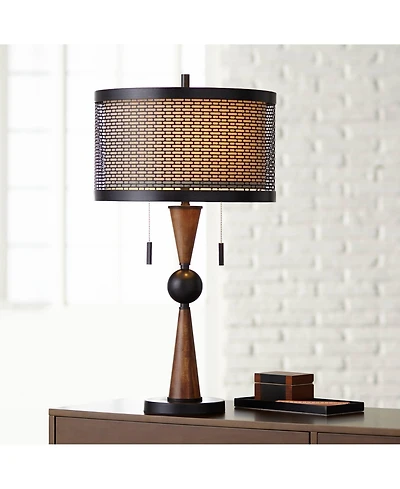 Franklin Iron Works Hunter Modern Rustic Farmhouse Table Lamp 29 3/4" Tall Cherry Wood Bronze Metal Double Drum Shade for Bedroom Living Room Hou
