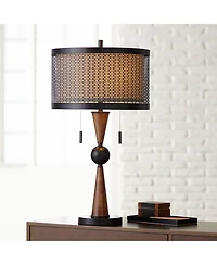 Franklin Iron Works Hunter Modern Rustic Farmhouse Table Lamp 29 3/4" Tall Cherry Wood Bronze Metal Double Drum Shade for Bedroom Living Room Hou