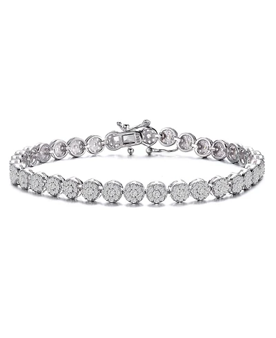 Sterling Silver White Gold Plated Cubic Zirconia Cluster Tennis Bracelet