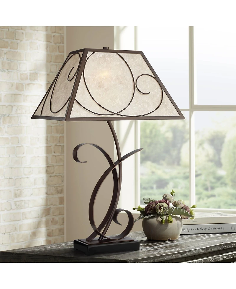 Teri Rustic Farmhouse Table Lamp 27" Tall Vintage like Brown Scroll Metal Light Mica Tapered Rectangular Shade for Bedroom Living Room House Home
