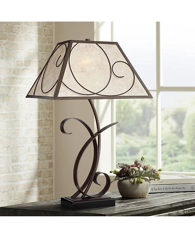 Teri Rustic Farmhouse Table Lamp 27" Tall Vintage like Brown Scroll Metal Light Mica Tapered Rectangular Shade for Bedroom Living Room House Home