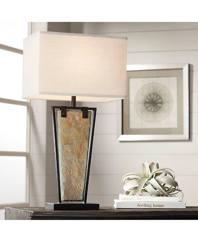 Franklin Iron Works Zion Rustic Table Lamp 30" Tall Tapered Natural Slate Bronze Metal Rectangular Shade for Bedroom Living Room Bedside Nightsta