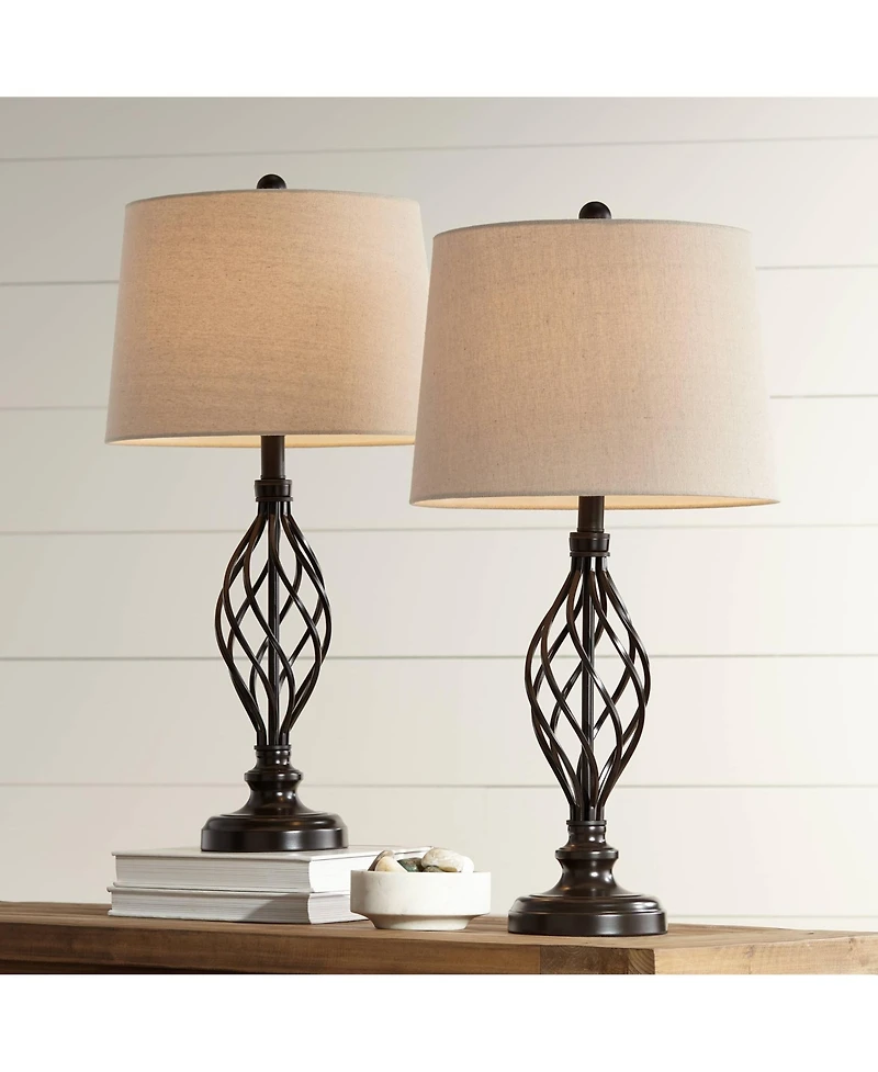 Franklin Iron Works Annie Modern Industrial Table Lamps 28" Tall Set of 2 Bronze Iron Cream Tapered Drum Shade for Bedroom Living Room Nightstand