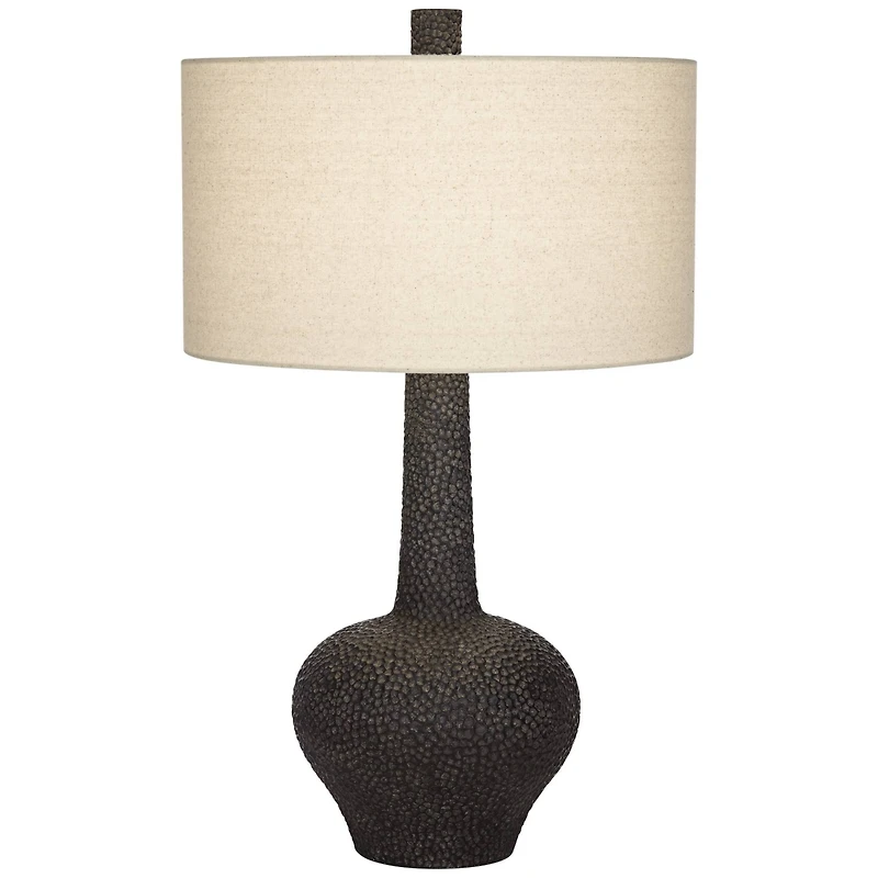 Lukas Mid Century Modern Table Lamp 27" Tall Black Pebbled Pattern White Cream Fabric Drum Shade Decor for Living Room Bedroom House Bedside Nightstan