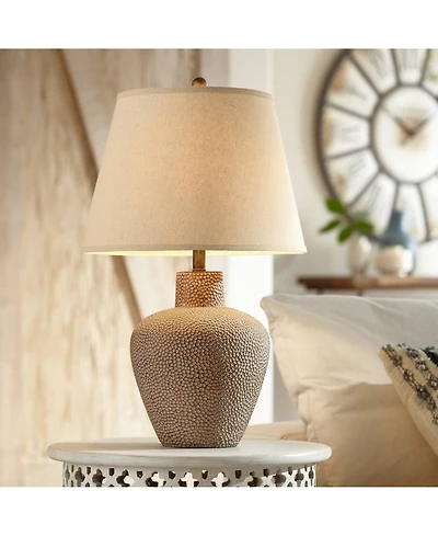360 Lighting Bentley Rustic Farmhouse Table Lamp 29" Tall Brown Leaf Textured Hammered Pot Off White Empire Shade for Bedroom Living Room House H
