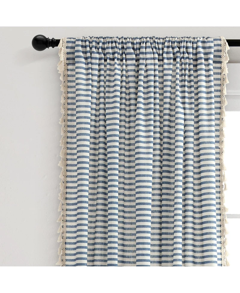 Boho Coastal Horizontal Ticking Stripe Tassel Window Curtain Panels