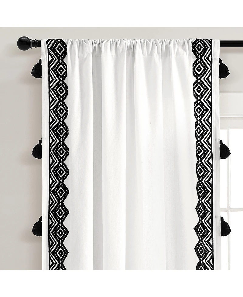 Aztec Diamond Border Tassel Window Curtain Panels Off White/Black Single 52X84