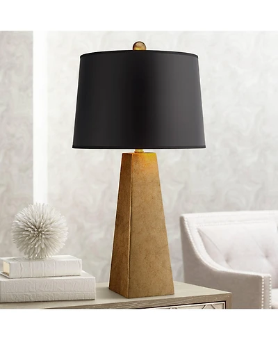 Possini Euro Design Obelisk Modern Table Lamp 26" High Gold Leaf Tapered Column Black Paper Drum Shade for Bedroom Living Room Bedside Nightstand