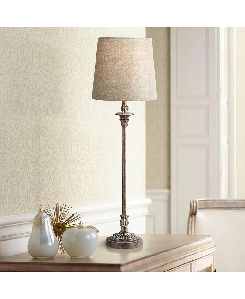 Regency Hill Bentley Traditional Buffet Table Lamp 31 1/2" Tall Weathered Brown Linen Fabric Drum Shade for Bedroom Living Room Bedside Nightstan