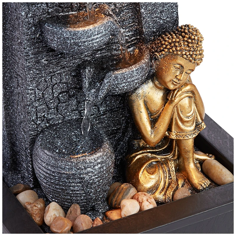 Kneeling Gold Buddha 17" High Small Zen Asian Indoor Outdoor Decor Faux Stone Tabletop Fountain with Light Led