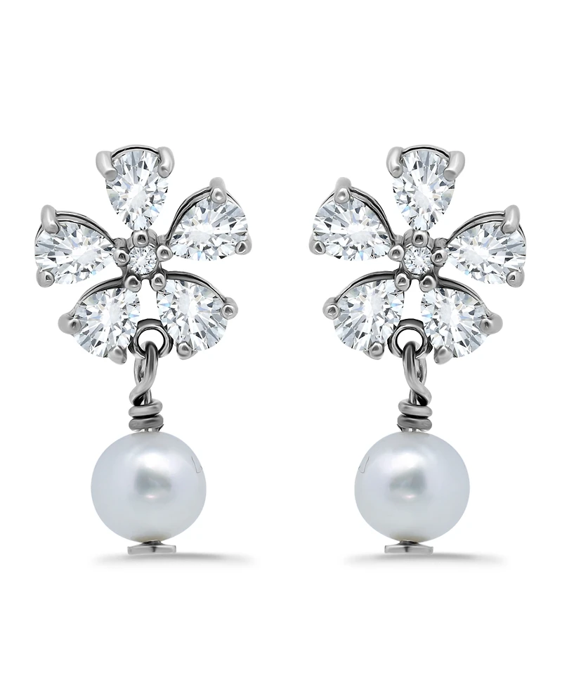 Macy's White Cultured Pearl and Cubic Zirconia Floral Top Drop Earring