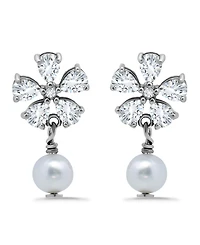 Macy's White Cultured Pearl and Cubic Zirconia Floral Top Drop Earring