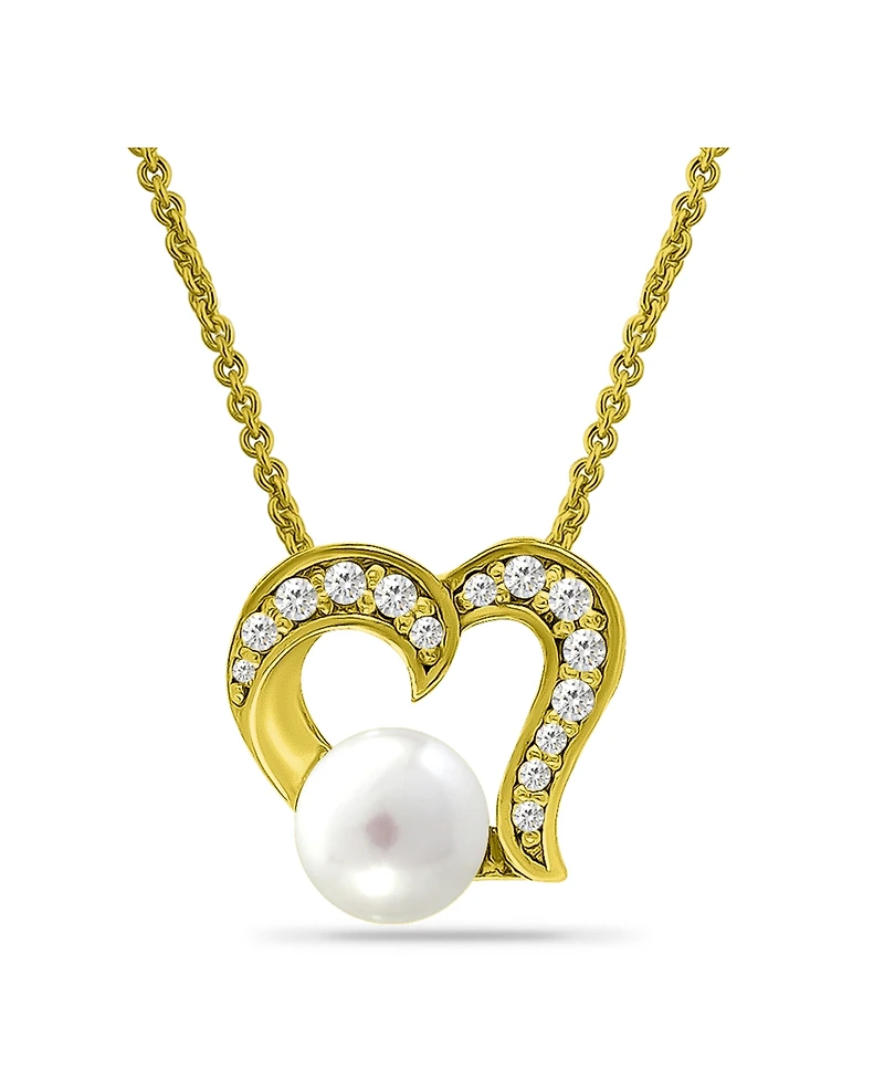 Macy's White Cultured Pearl and Cubic Zirconia Pave Heart Pendant Necklace