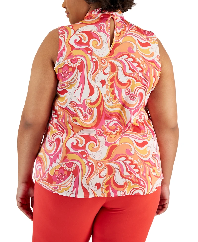 Tahari Asl Plus Size Printed Sleeveless Bow Blouse