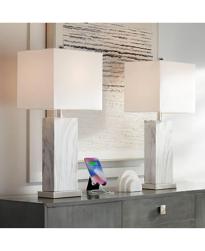 360 Lighting Connie Modern Table Lamps 25" High Set of 2 White Faux Marble with Usb Charging Ports Rectangular Shade for Living Room Office Desk