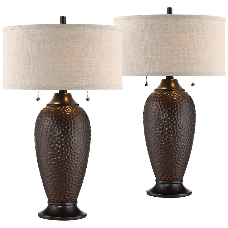 360 Lighting Cody Rustic Farmhouse Table Lamps 26" High Set of 2 Hammered Oiled Bronze Oatmeal Linen Drum Shade for Bedroom Living Room Bedside H