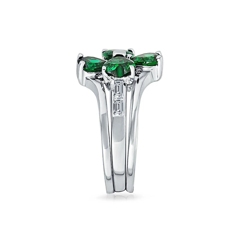 Bling Jewelry St Patrick Shamrock Irish Green Cz Flower Lucky Four Leaf Clover Inset Ring Set Sterling Silver Cubic Zirconia