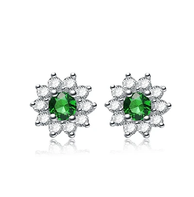 Sterling Silver White Gold Plated With Round Green and Flower Petals Earrings