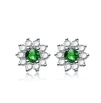 Sterling Silver White Gold Plated With Round Green and Flower Petals Earrings