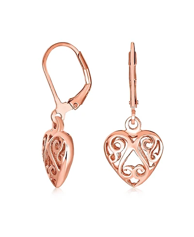 Bling Jewelry Open Filigree Heart Dangle Earrings Rose Gold Plated Sterling Silver Leverback