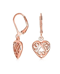 Bling Jewelry Open Filigree Heart Dangle Earrings Rose Gold Plated Sterling Silver Leverback