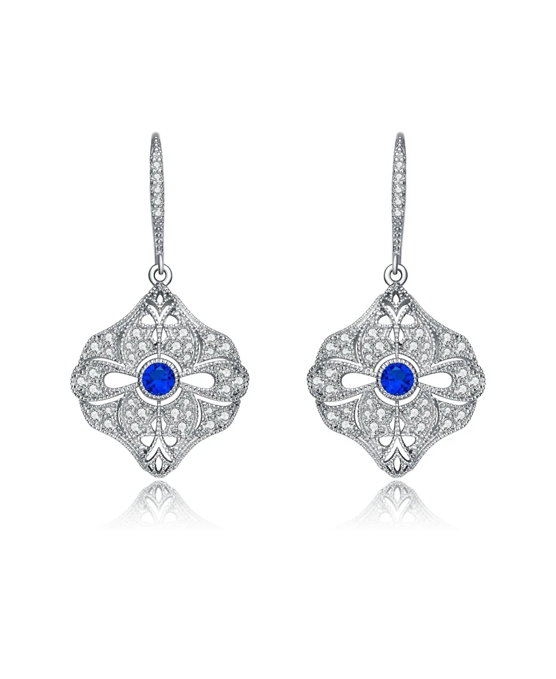 Sterling Silver White Gold Plated with Colored Cubic Zirconia Wreath Drop Earrings