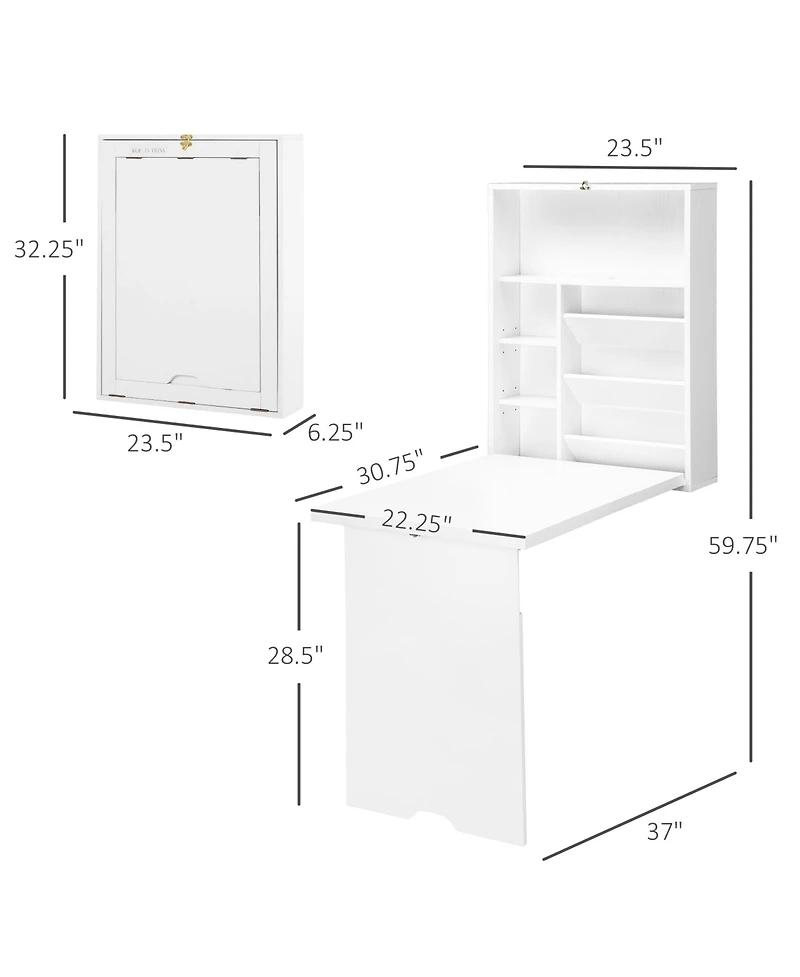 Homcom Wall Mounted Fold Out Convertible Desk, Multi-Function Floating Desk with Storage Shelf for Home Office, White