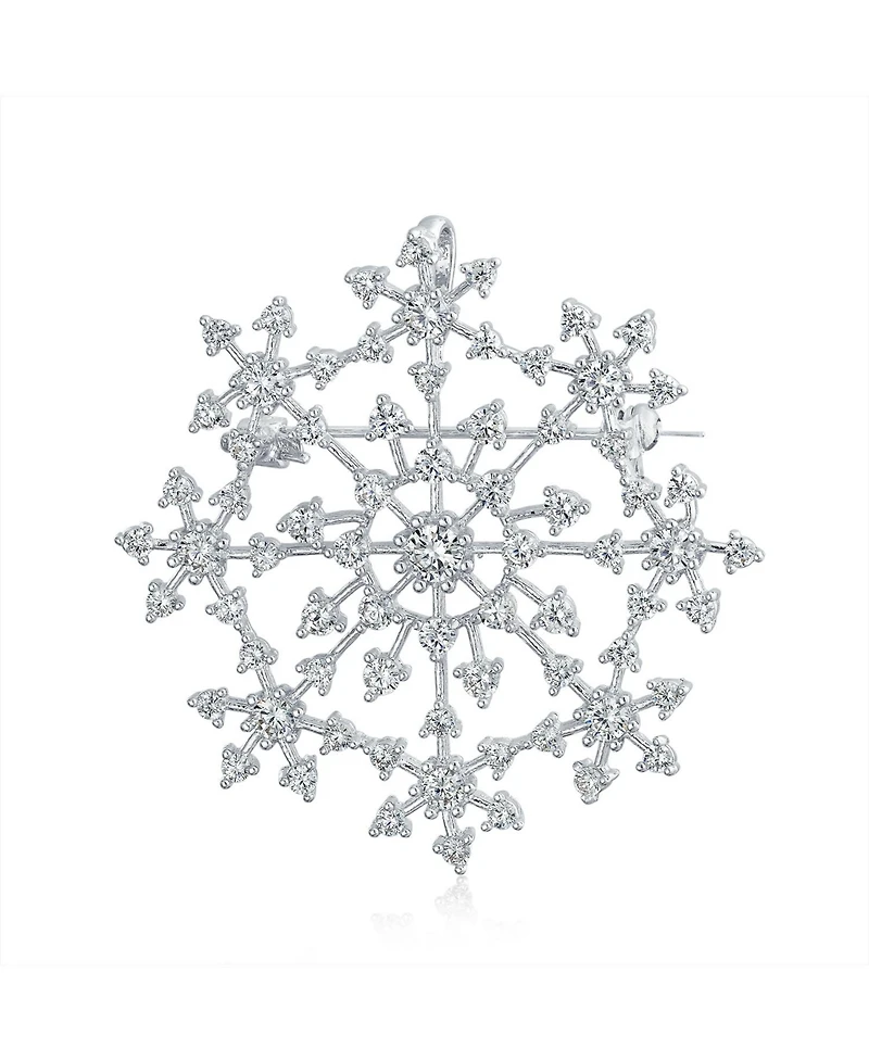 Bling Jewelry Large Frozen Winter Holiday Party Cz Pave Cubic Zirconia Scarf Christmas Statement Snowflake Brooch Pin Brass