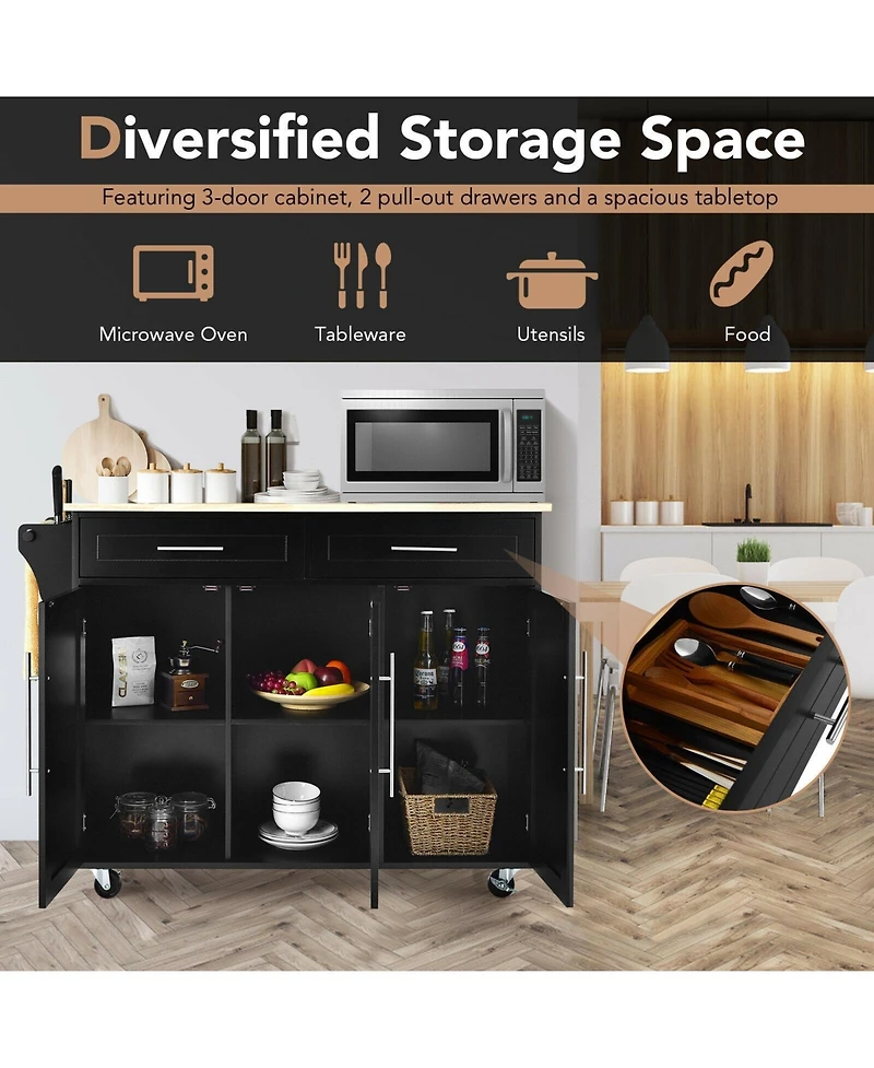 Kitchen Island Trolley Wood Top Rolling Storage Cabinet Cart with Knife Block