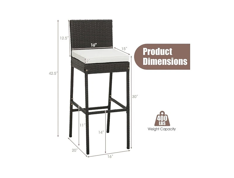 Set of 2 Patio Wicker Barstools with Seat Cushion and Footrest