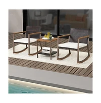 Sugift 3 Pieces Rattan Rocking Bistro Set with Coffee Table and Cushions