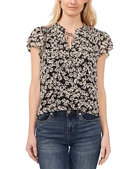 CeCe Women's Floral Clip-Dot Tie-Neck Flutter-Sleeve Top