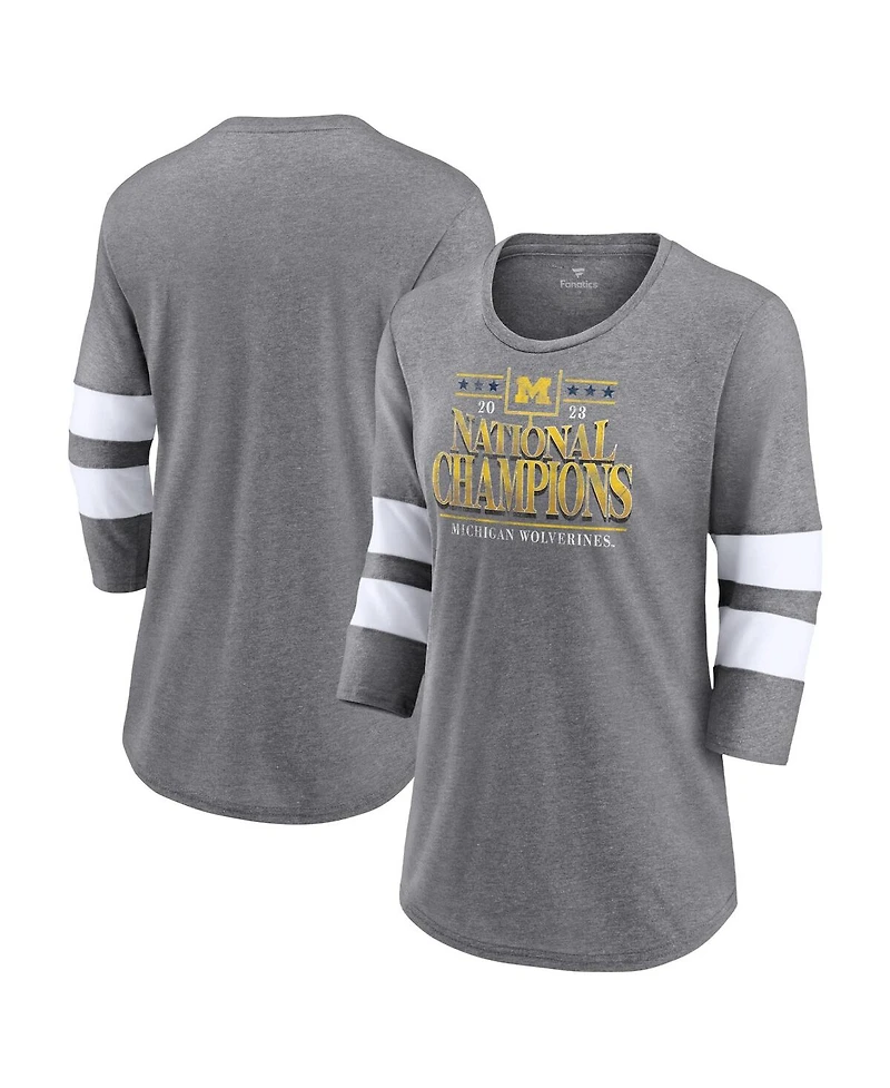 Women's Fanatics Heather Gray Michigan Wolverines College Football Playoff 2023 National Champions Outstanding Achievement Retro Tri-Blend 3/4-Sleeve