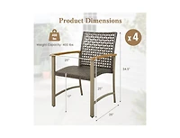 Set of 4 Patio Rattan Dining Chairs with Acacia Wood Armrests
