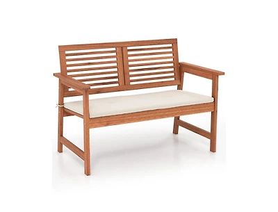 2-Person Solid Wood Patio Bench with Backrest and Cushion