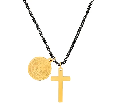 Steeltime Men's Black-Tone Ip & 18k Gold-Plated Stainless Steel Cross and St. Benedict Religious 24" Pendant Necklace