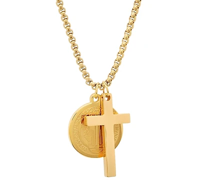 Steeltime Men's Stainless Steel Cross and St. Benedict Religious 24" Pendant Necklace