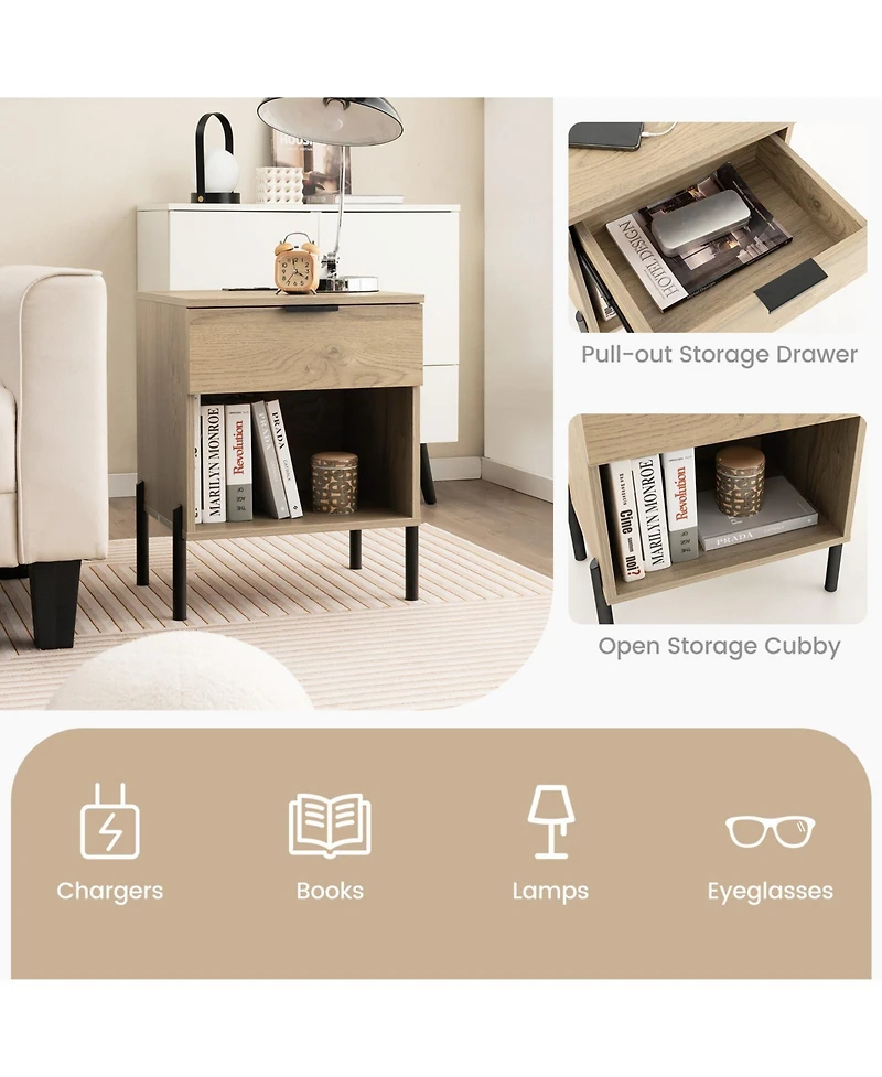1PC Nightstand with Charging Station Drawer Compartment Modern Side End Table