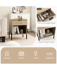 1PC Nightstand with Charging Station Drawer Compartment Modern Side End Table