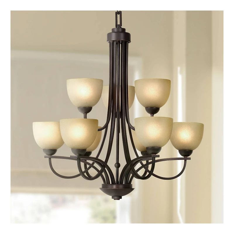Franklin Iron Works Bennington Italian Bronze Chandelier Light Fixture 28 1/4" Wide Antique Amber Glass 9-Light for Dining Room House Foyer Entryway K