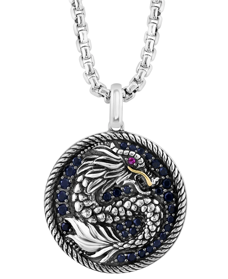 Effy Men's Black Sapphire (7/8 ct. t.w.) & Ruby (1/20 ct. t.w.) Dragon Disc 22" Pendant Necklace in Sterling Silver